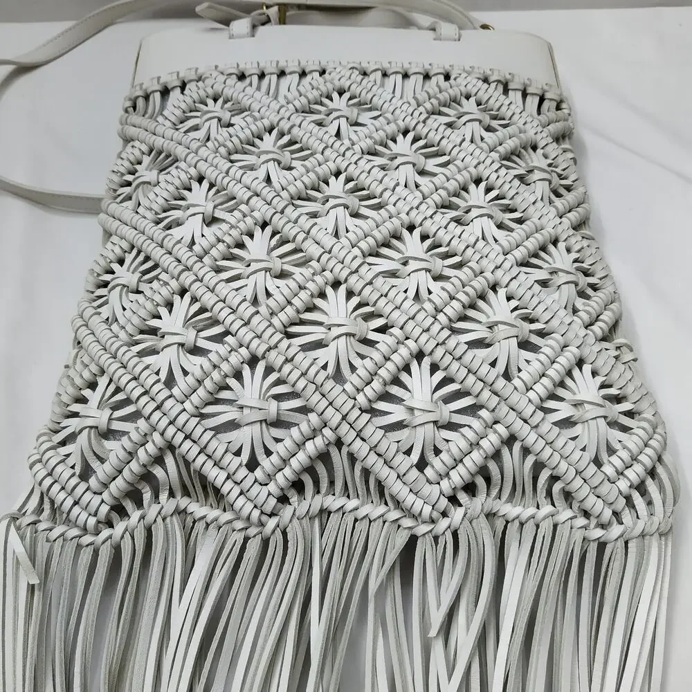 Tory Burch White Leather Woven Braided Macramé Fringe Limited Ed Crossbody Bag